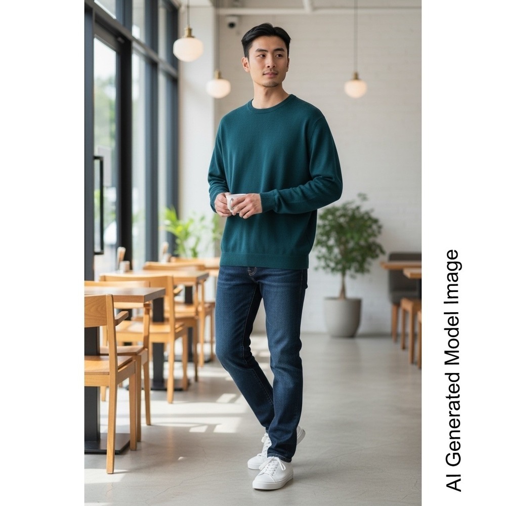 MOCOTONO Mens Crewneck Knit Sweater Teal Green Size Medium Long Sleeve Pullover